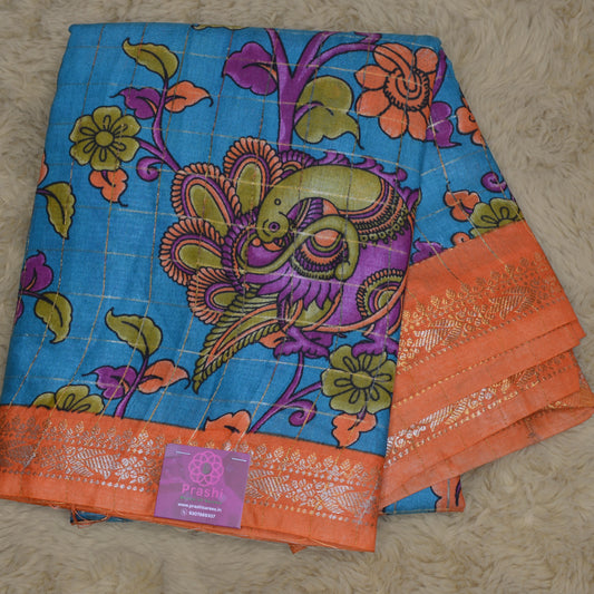 Blue and koria silk floral print border saree orange border