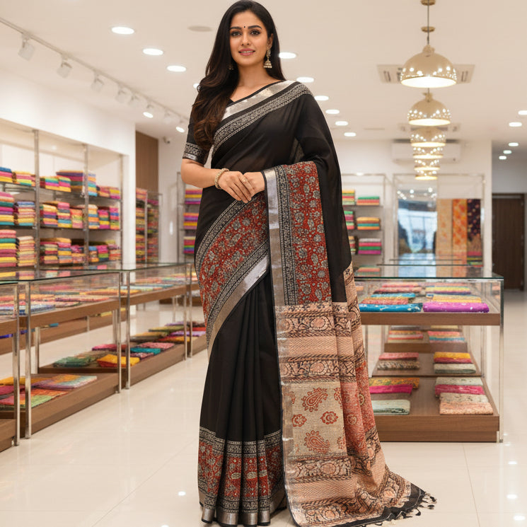 Black pure linen handblock printed