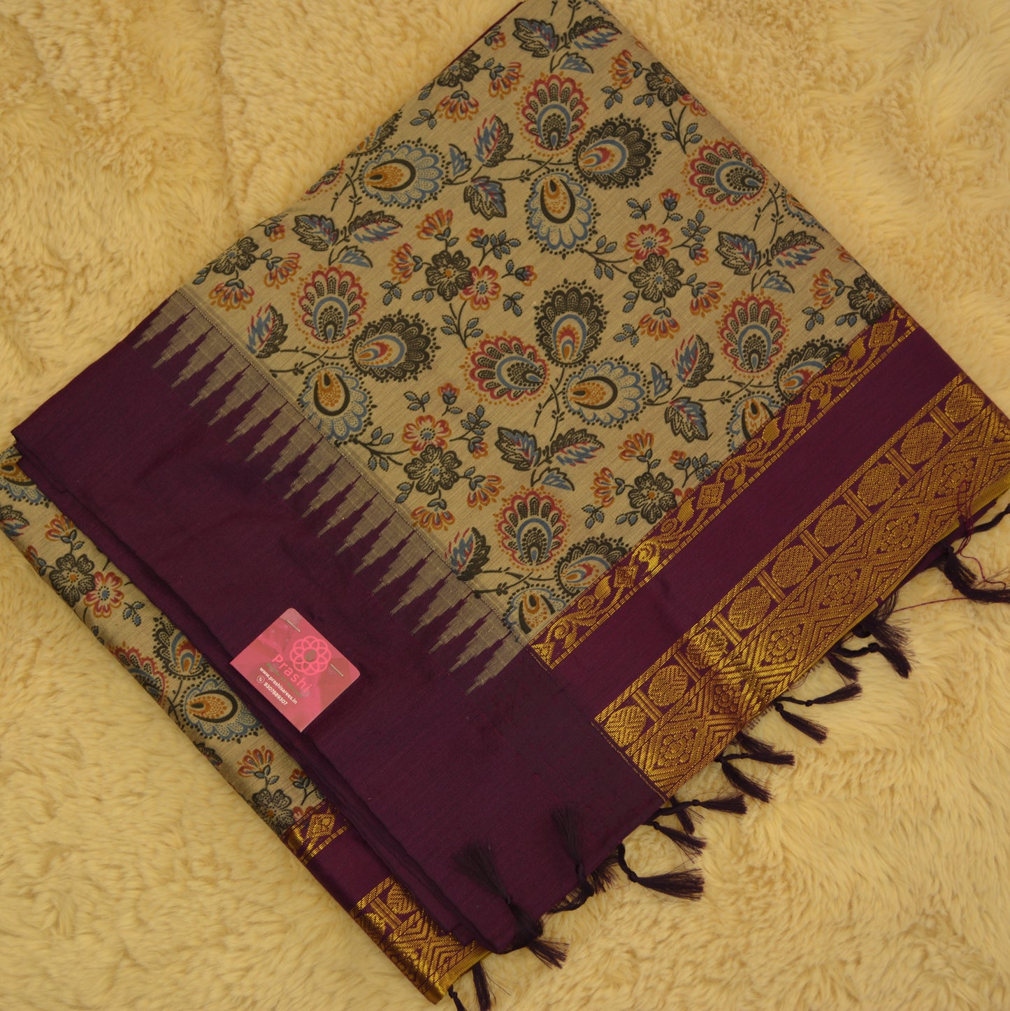 Grey with purple kalyani cotton digital print saree