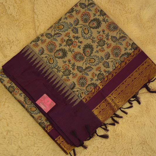 Grey with purple kalyani cotton digital print saree