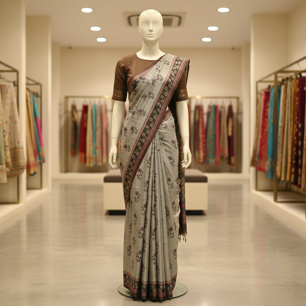 Grey with brown tussar kalamkari printed saree