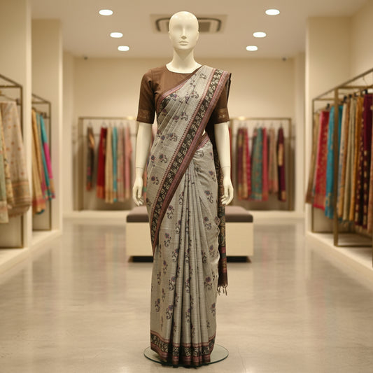 Grey with brown tussar kalamkari printed saree