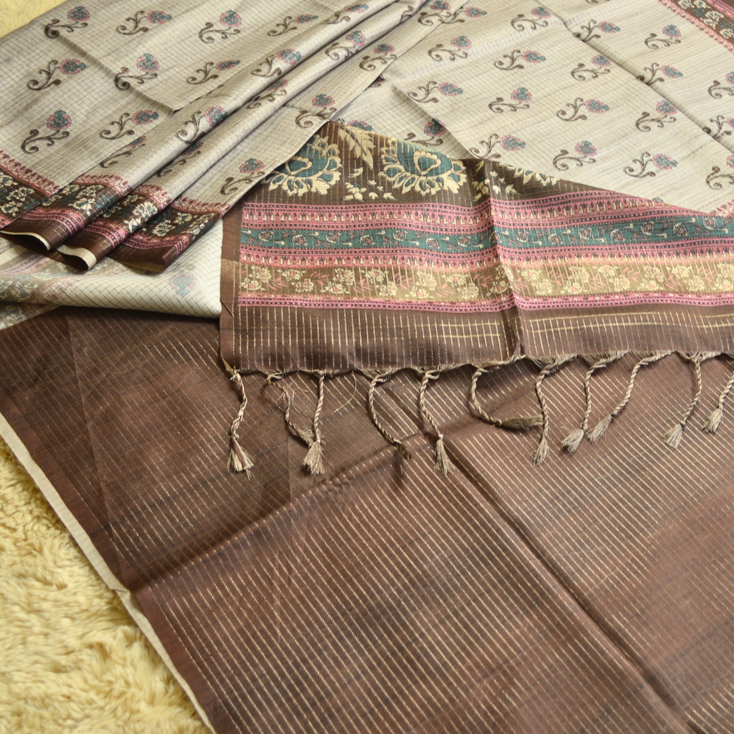 Grey with brown tussar kalamkari printed saree