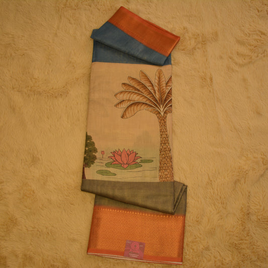 Blue cotton blend kalamkari border saree