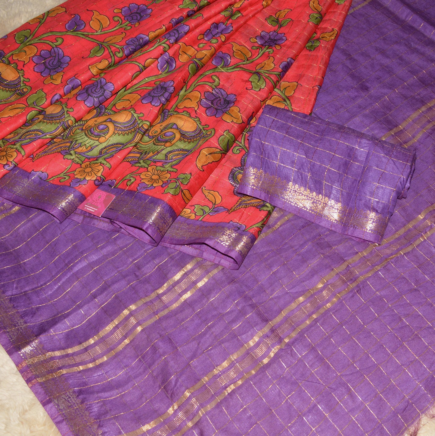 Pink koria silk floral print border saree