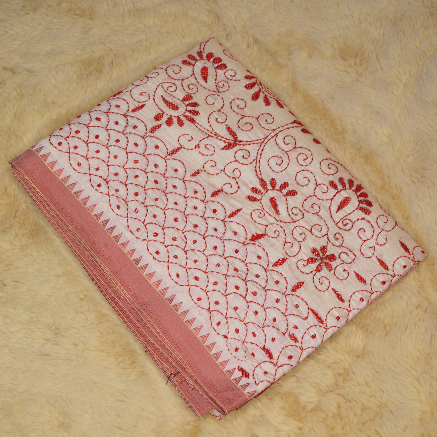 Half white tussar saree with red kashmir embroidery
