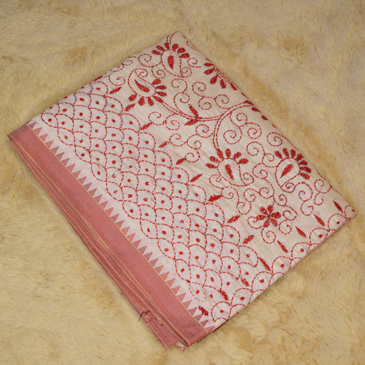 Half white tussar saree with red kashmir embroidery