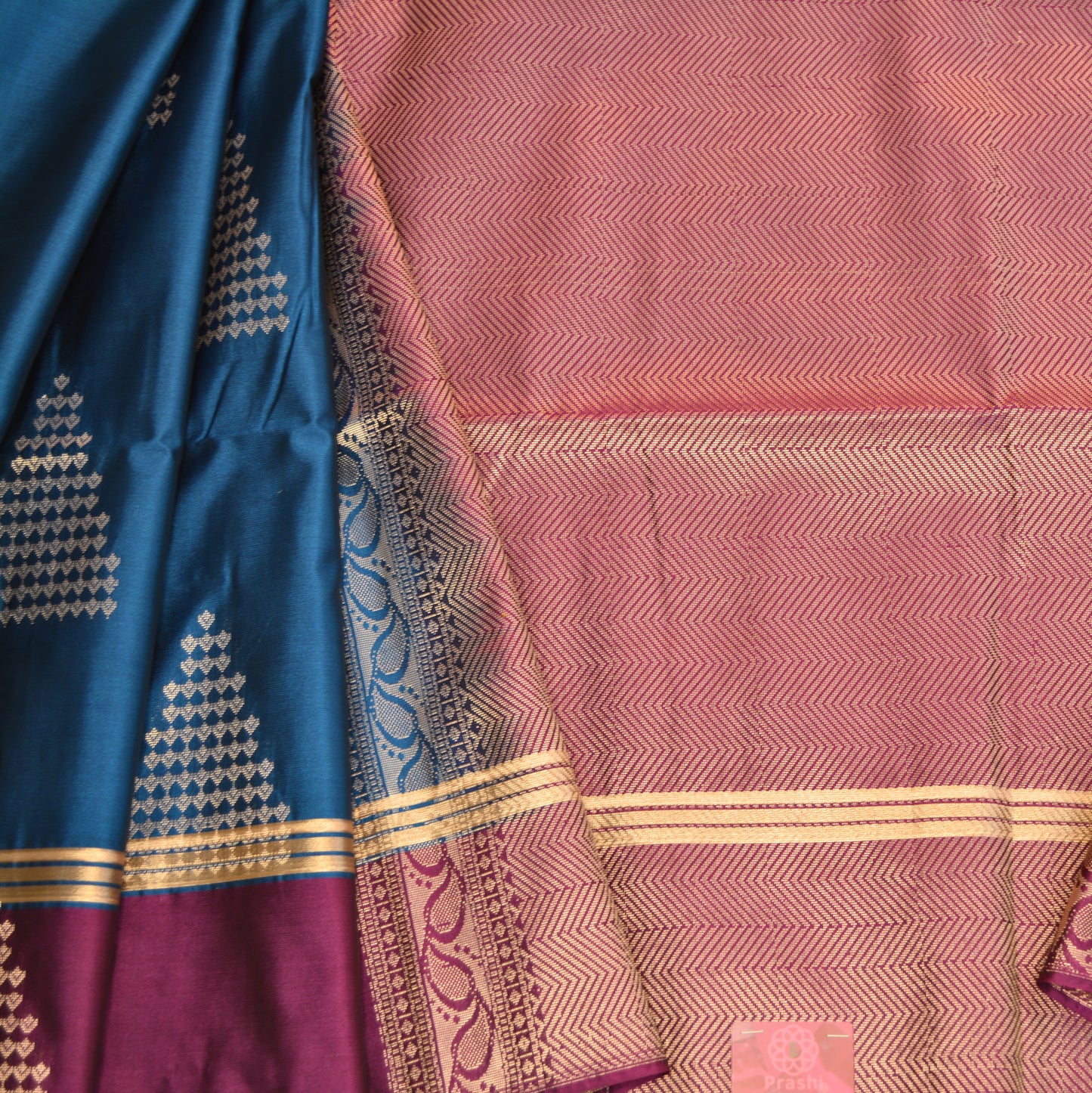 Royal blue semi silk temple butta saree purple contrast