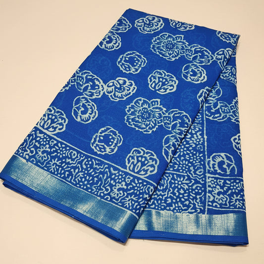 Blue pure linen handblock printed saree
