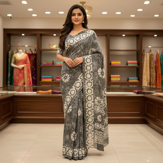 Grey mul cotton bhatik print saree