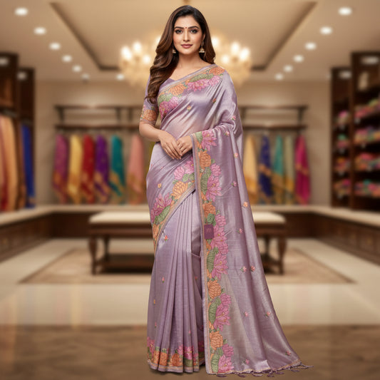 Lavender tissue lotus embroidery saree