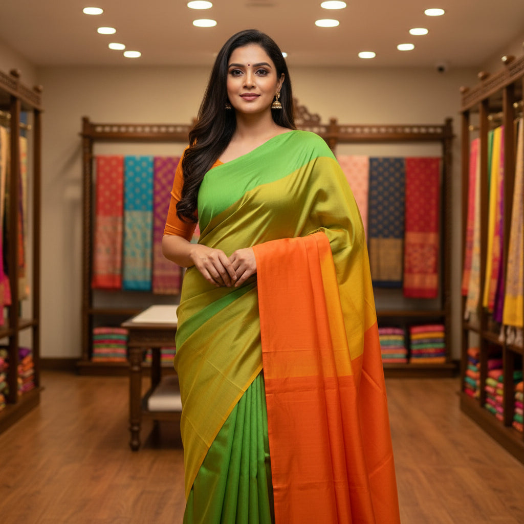 Orange and green venkatagiri silk cotton saree