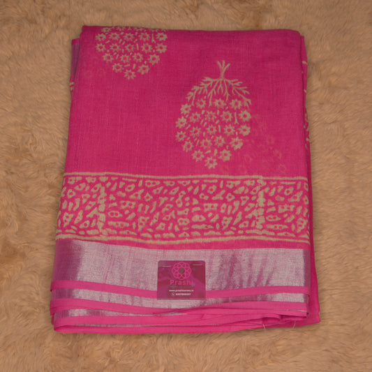 Pink pure linen handblock printed saree