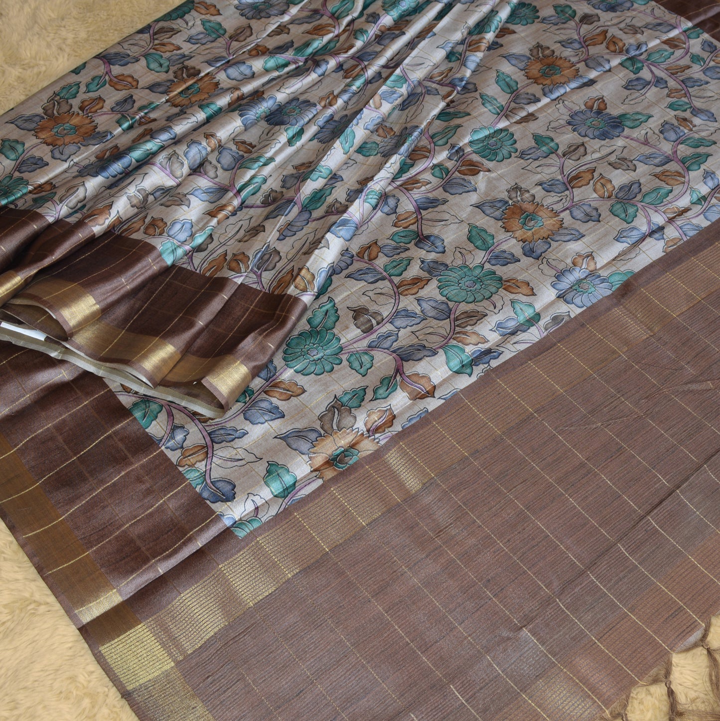 Grey with brown tussar checks kalamkari saree