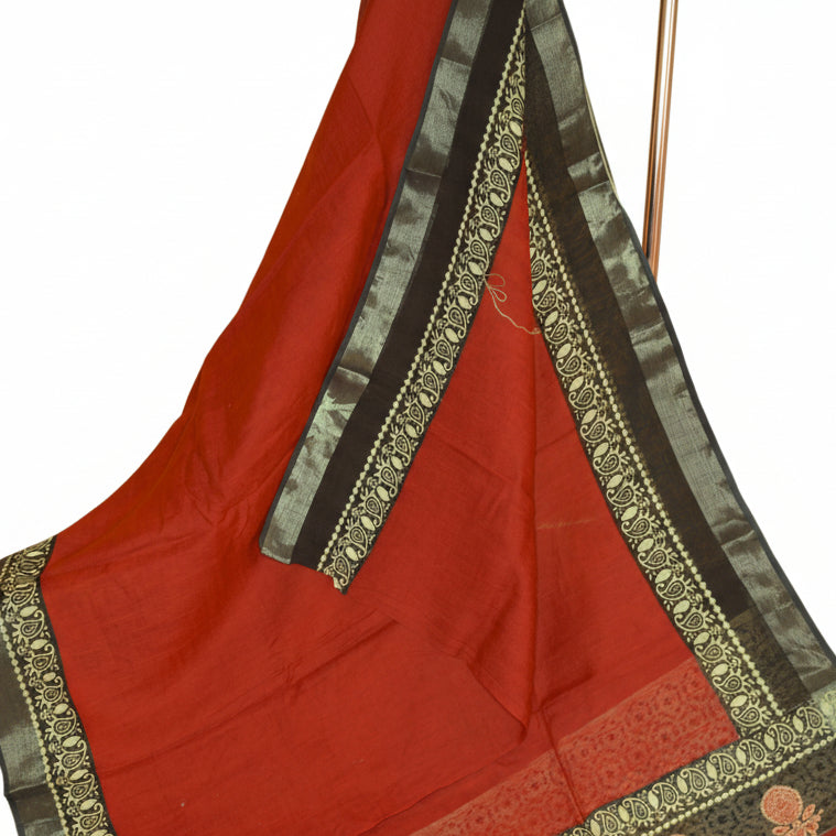 Maroon Pure linen handblock printed saree