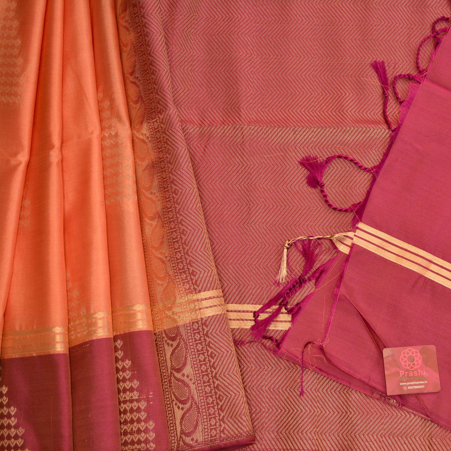 Orange with maroon brown semi silk temple butta saree