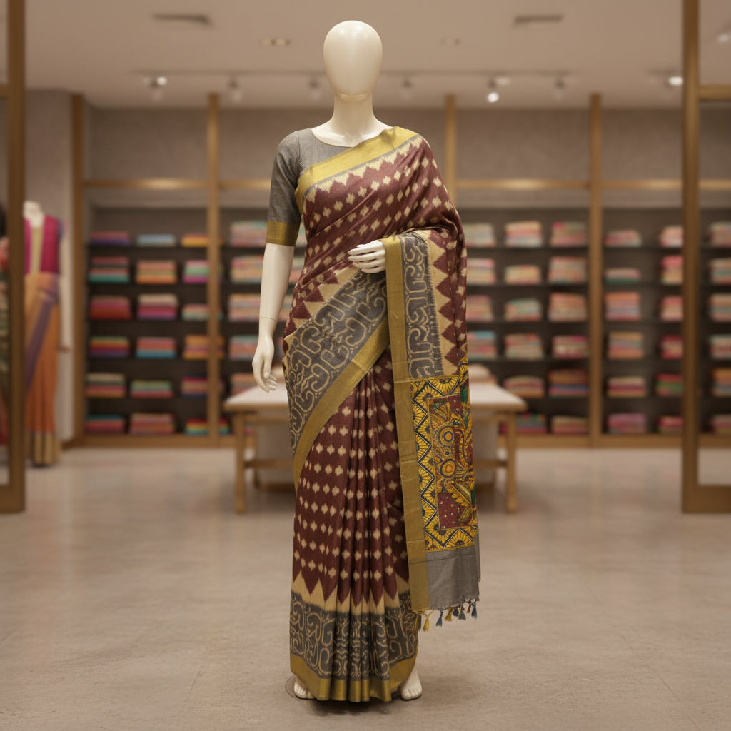 Brown and grey semi tussar ikkat printed saree