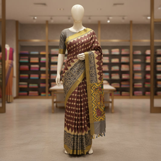 Brown and grey semi tussar ikkat printed saree