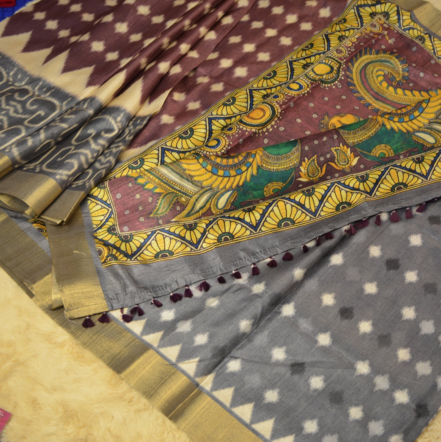 Brown and grey semi tussar ikkat printed saree