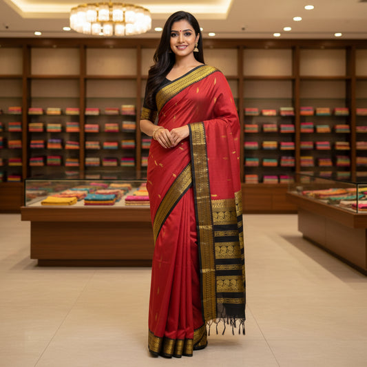 maroon with black contrast kalyani cotton border saree