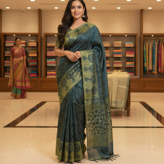 Green handblock printed pure modal silk saree