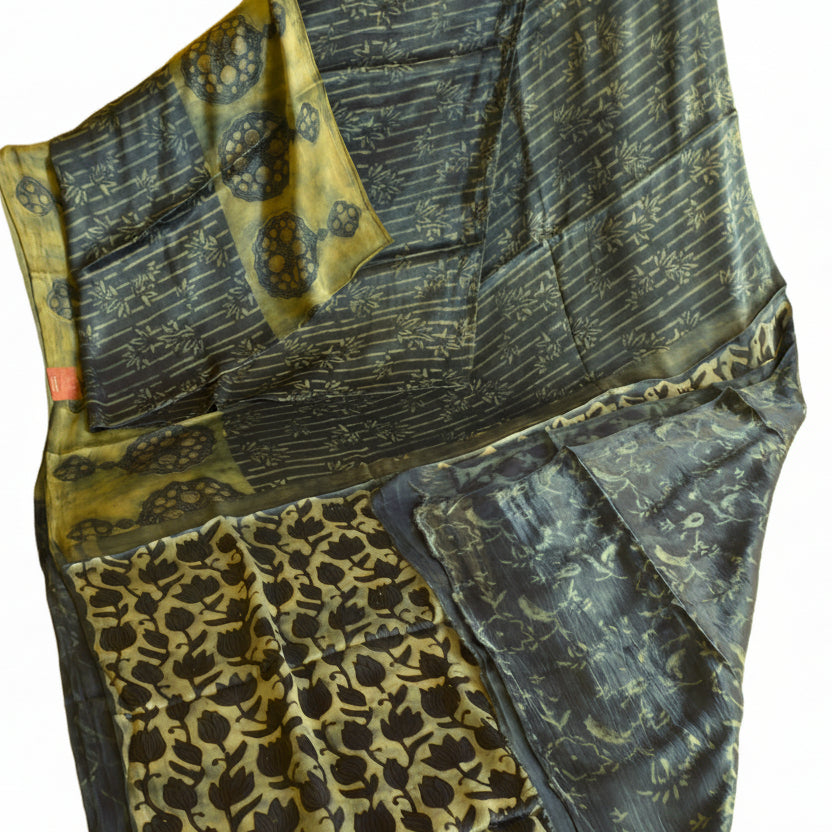 Green handblock printed pure modal silk saree
