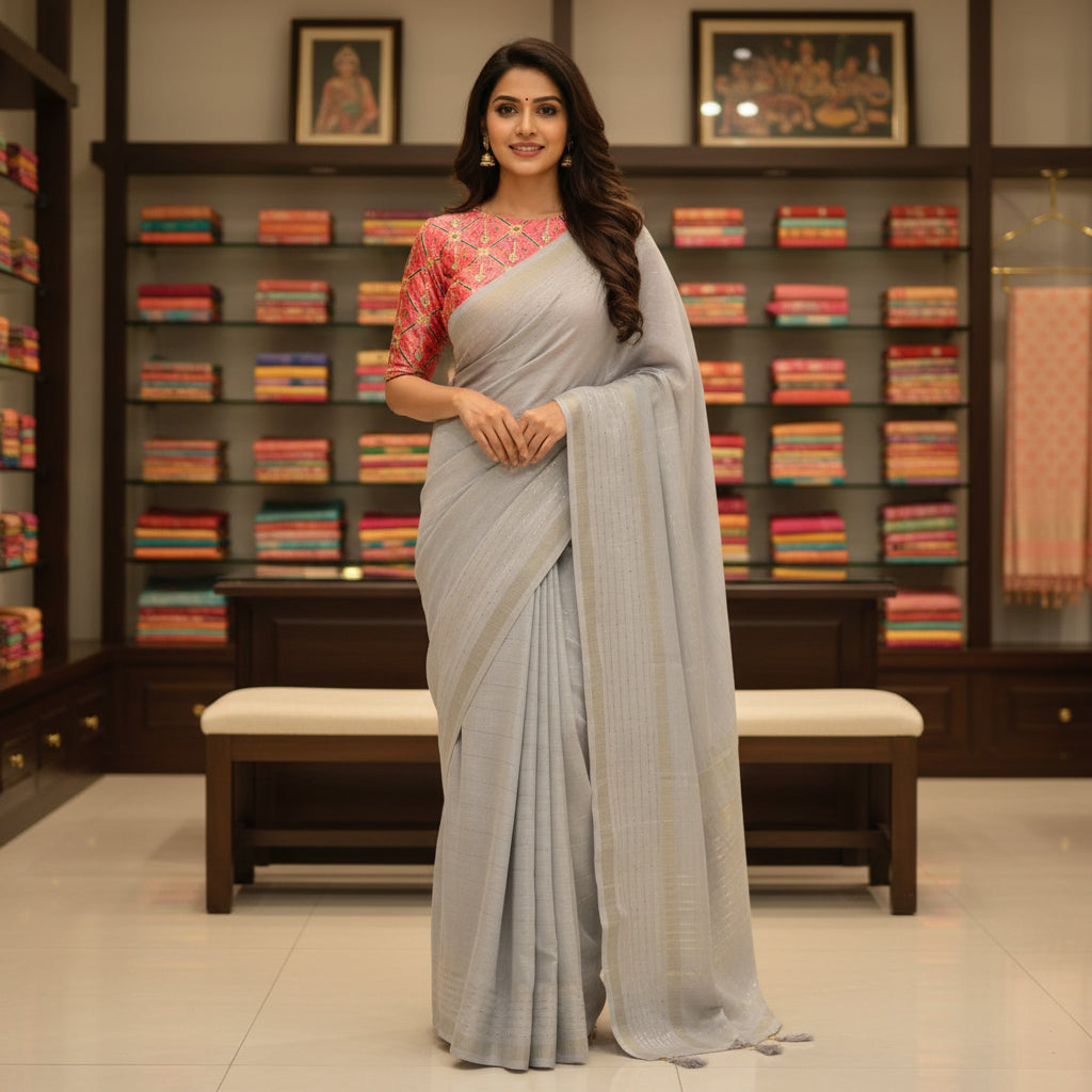 Grey sequin work linen saree
