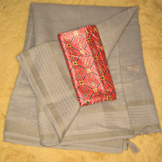 Grey sequin work linen saree
