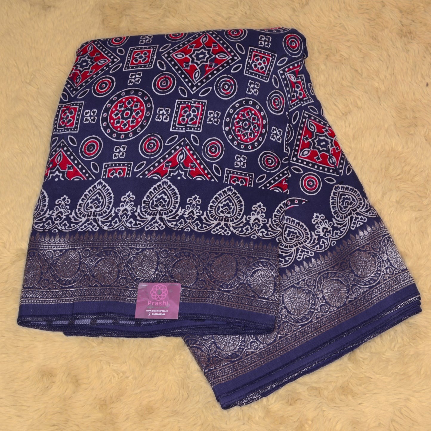 Navy blue ajrakh handblock printed pure dola silk saree