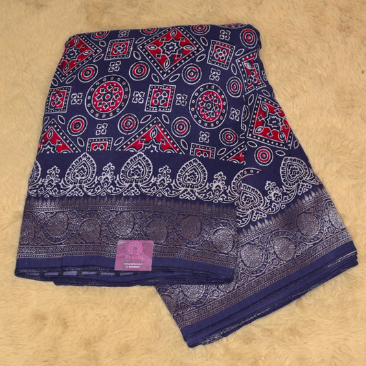 Navy blue ajrakh handblock printed pure dola silk saree