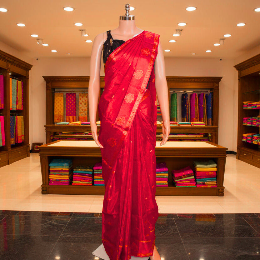 red and brown blouse chinnon butta border saree