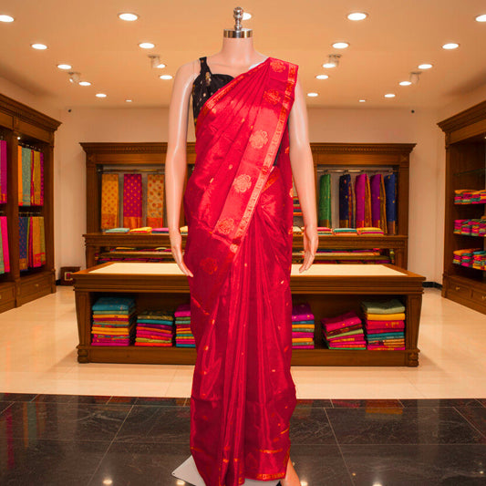 red and brown blouse chinnon butta border saree