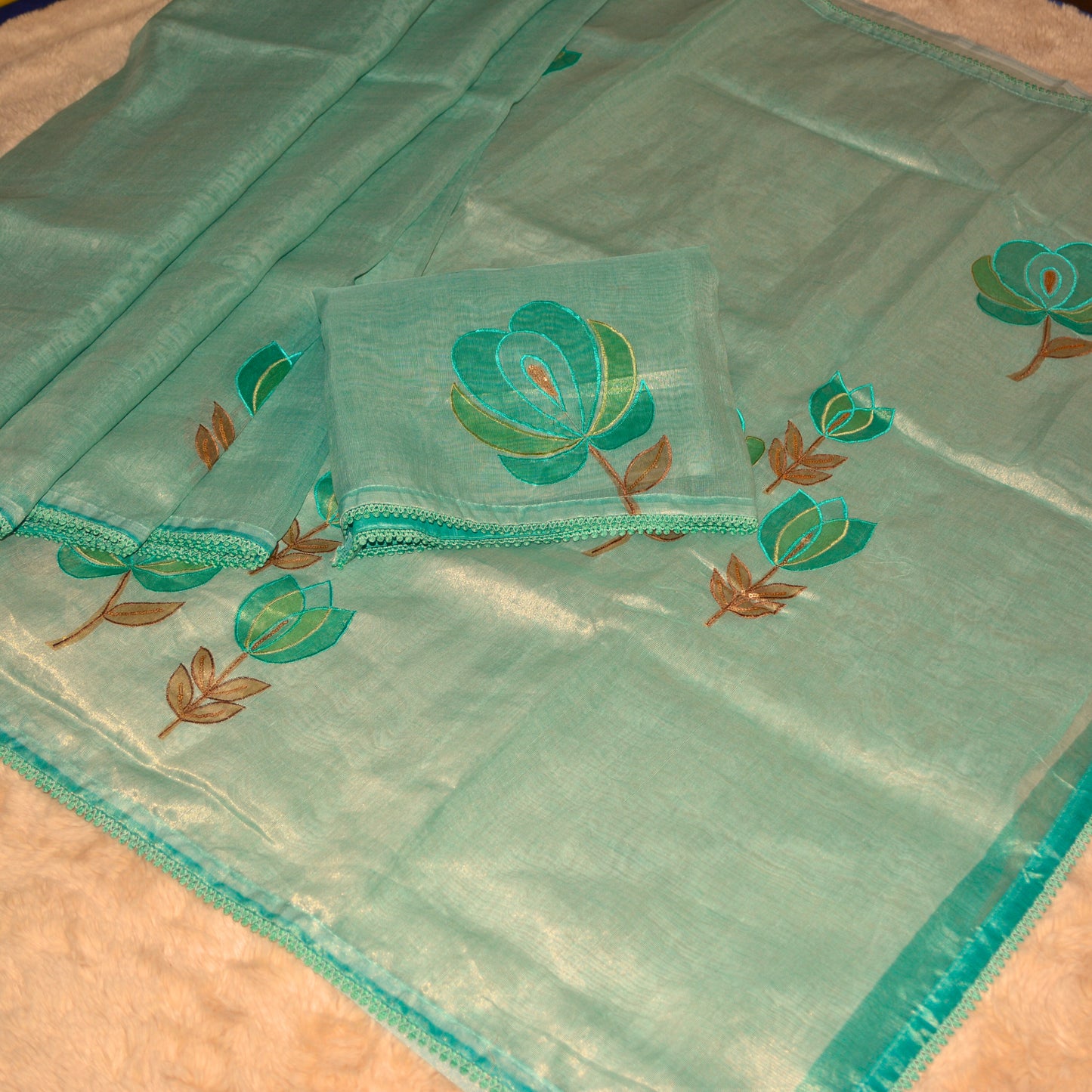 Pista green tissue lotus applique work saree