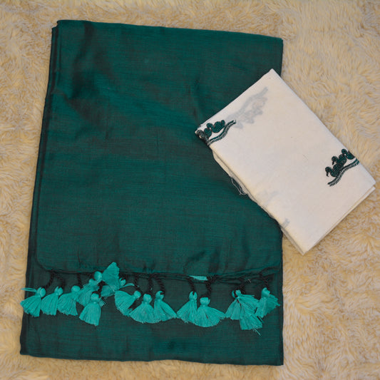 bottle blue khadi cotton saree-kalamkari blouse