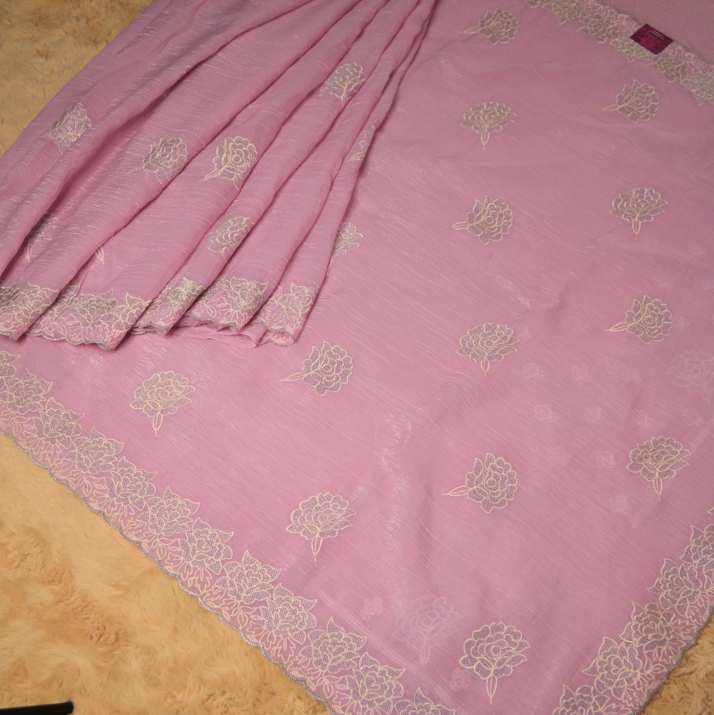 Baby pink crush chiffon floral embroidery saree