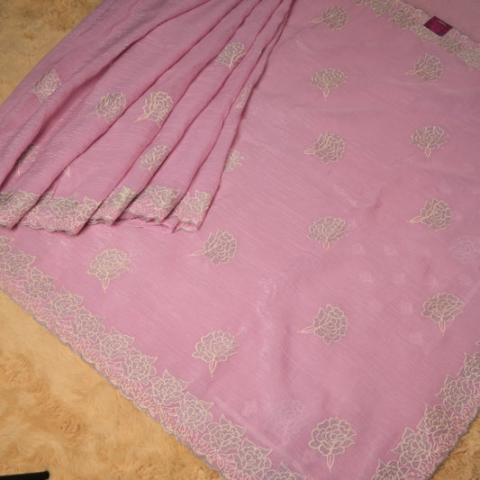 Baby pink crush chiffon floral embroidery saree