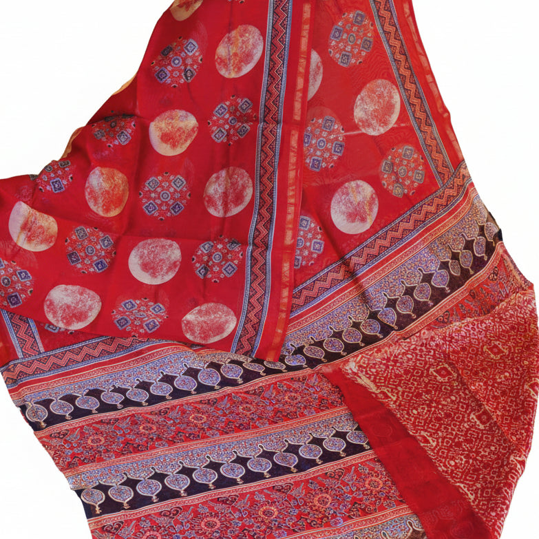 Red ajrakh handblock printed chanderi silk cotton saree