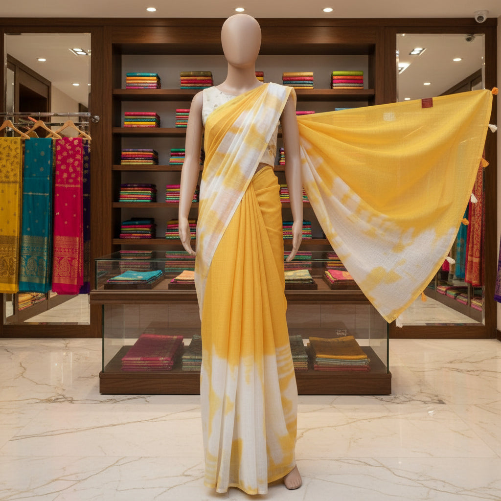 Yellow with white linen shibori print saree