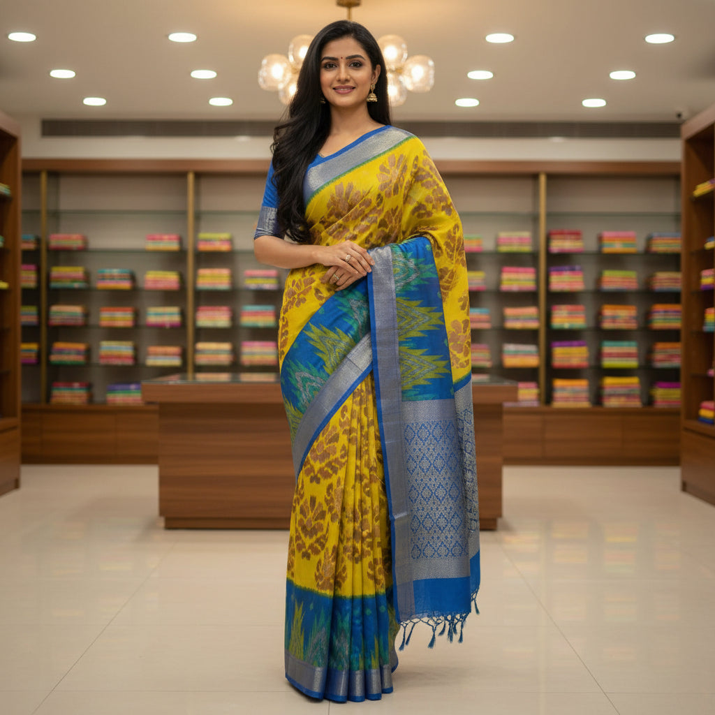 Yellow with blue ikkat semi dola silk saree