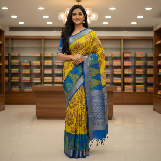 Yellow with blue ikkat semi dola silk saree