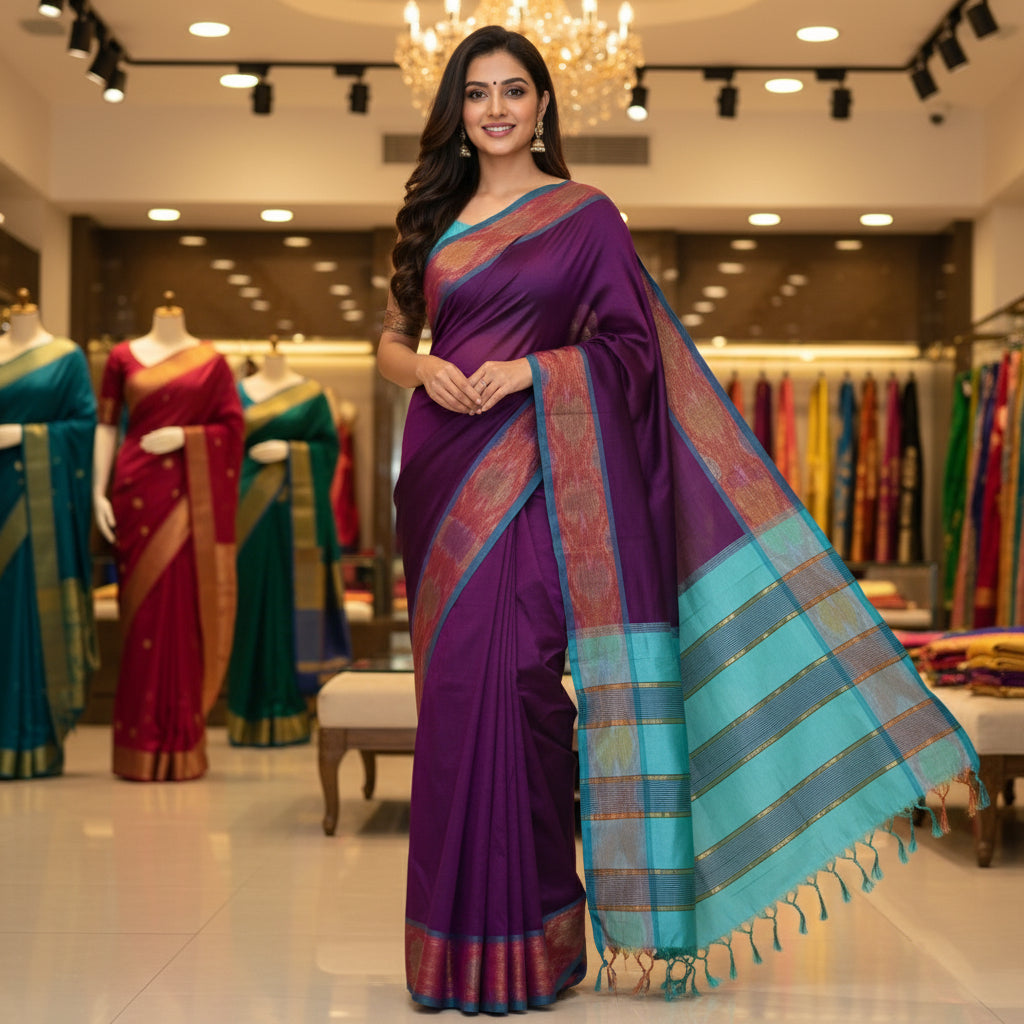 Purple and sky blue venkatagiri silk cotton saree