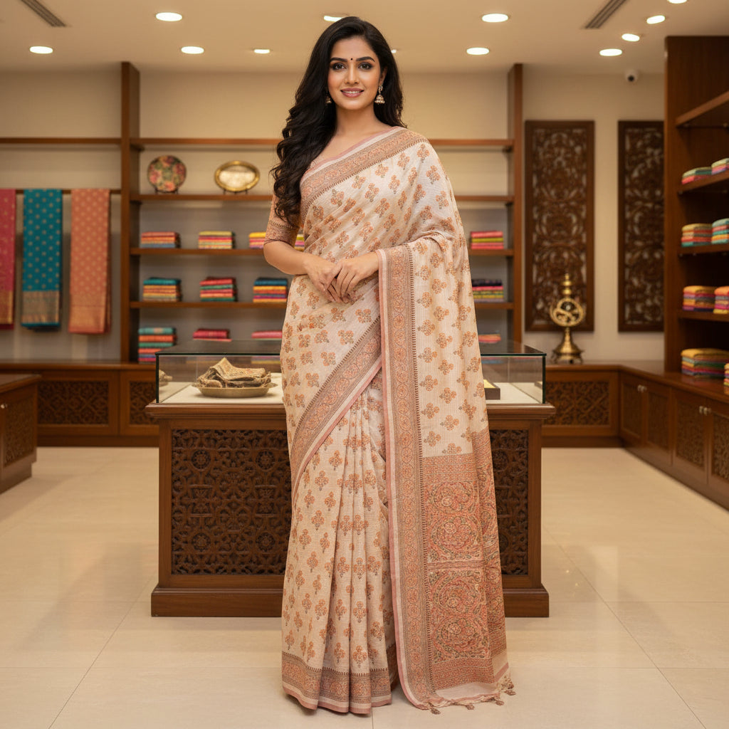 Pastel orange handblock printed saree