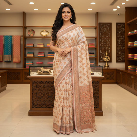 Pastel orange handblock printed saree