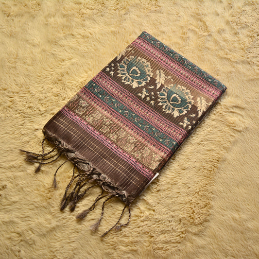 Grey with brown tussar kalamkari printed saree