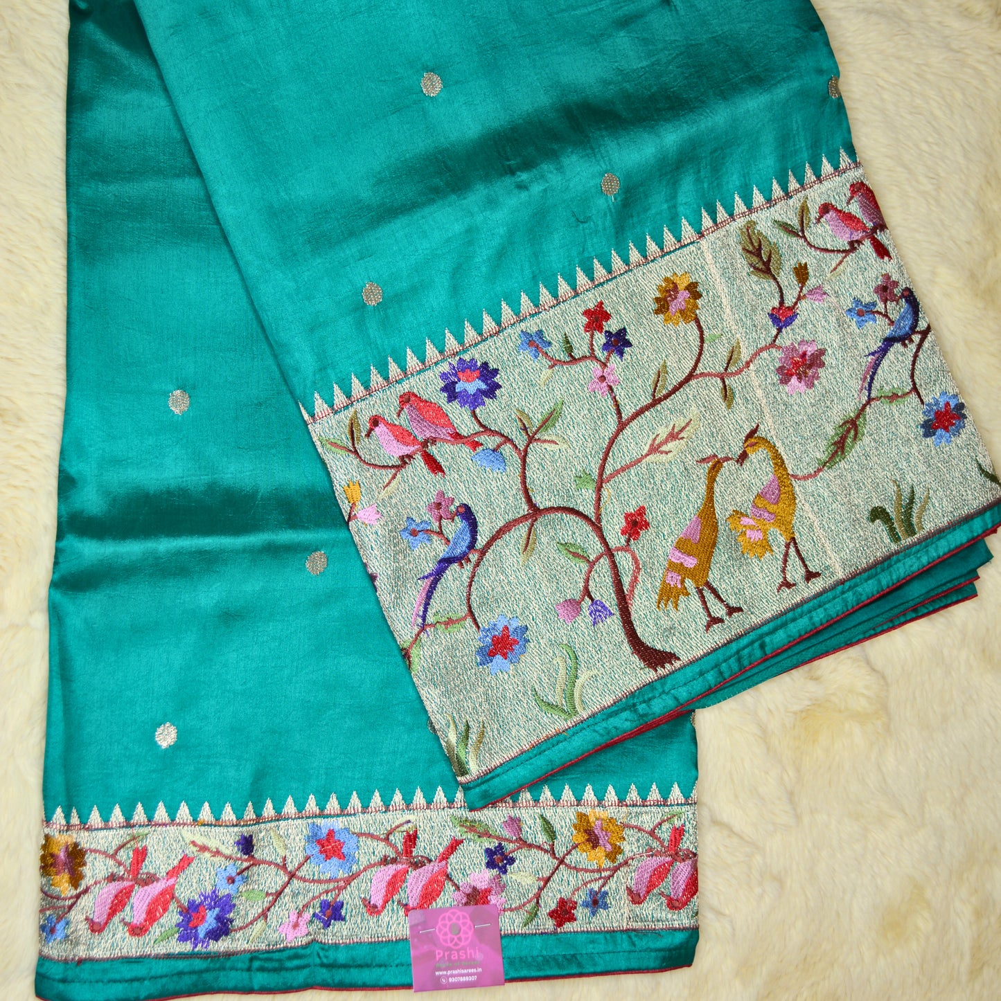 Sea green dola silk german silver work saree