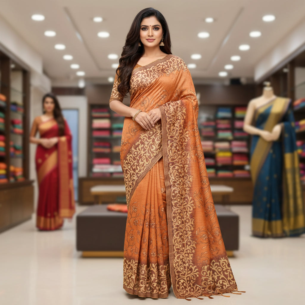 Orange soft tussar embroidery saree