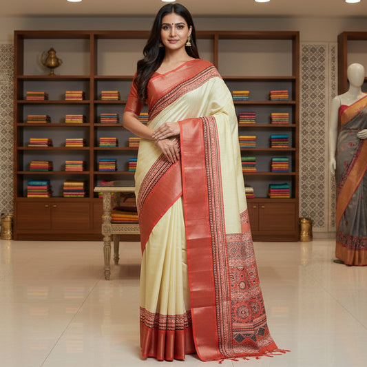 half white  dola red border saree