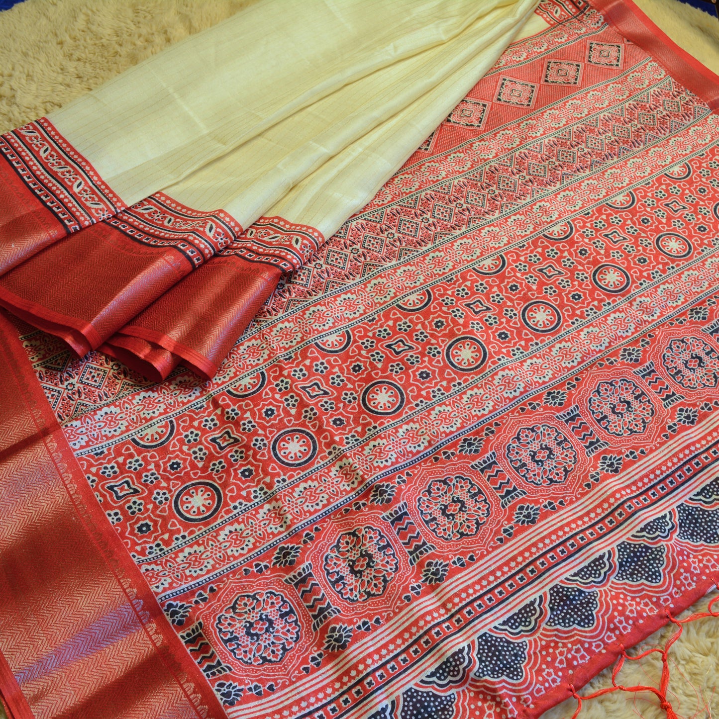 half white  dola red border saree