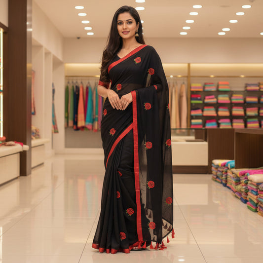 Black with red mul cotton embroidery saree