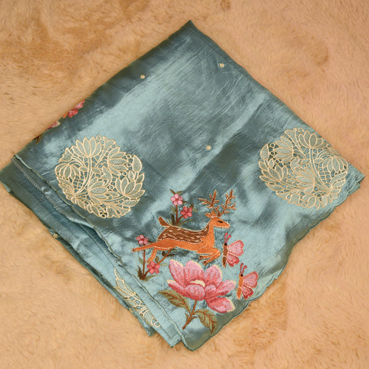 Aqua blue Dol silk cutwork embroidery saree